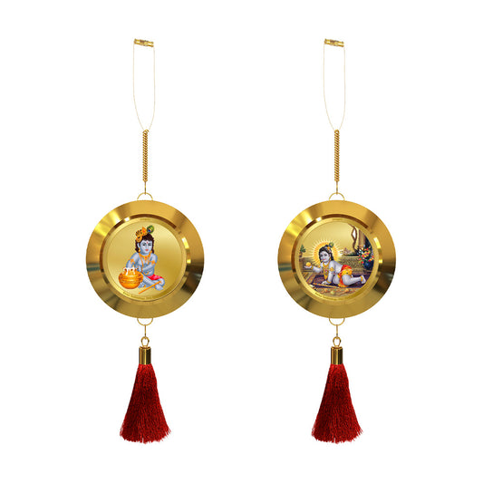 Diviniti 24K Gold Plated Double-Sided Bal Gopal & Laddu Gopal Car Dangler (5.5 cm) | Divine Hanging Car Decor for Protection, Positive Energy & Spiritual Blessings