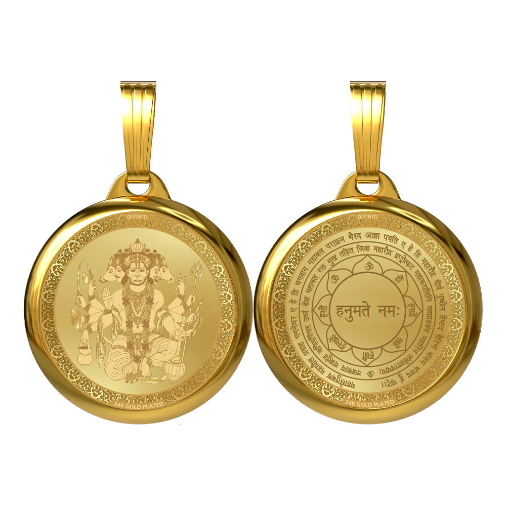 24K Gold Plated Panchmukhi Hanuman & Sacred Yantra Pendant – 22mm Double-Sided Spiritual Pendant