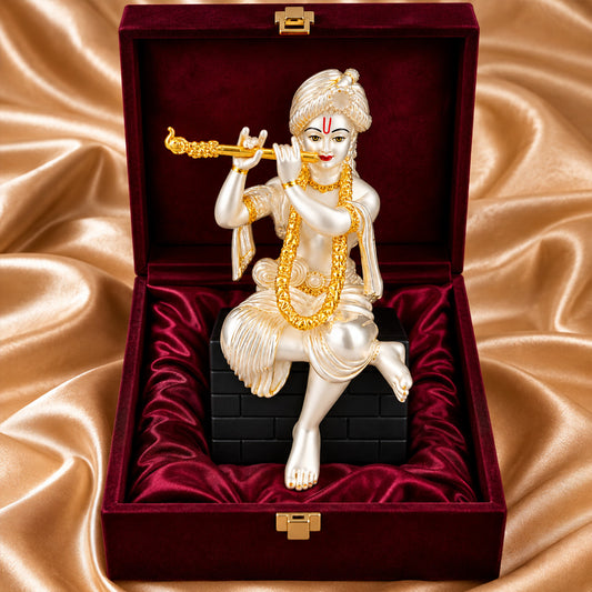 999 Silver-Plated Dual-Tone Lord Krishna Idol | Premium Gift Box | 16x9 CM