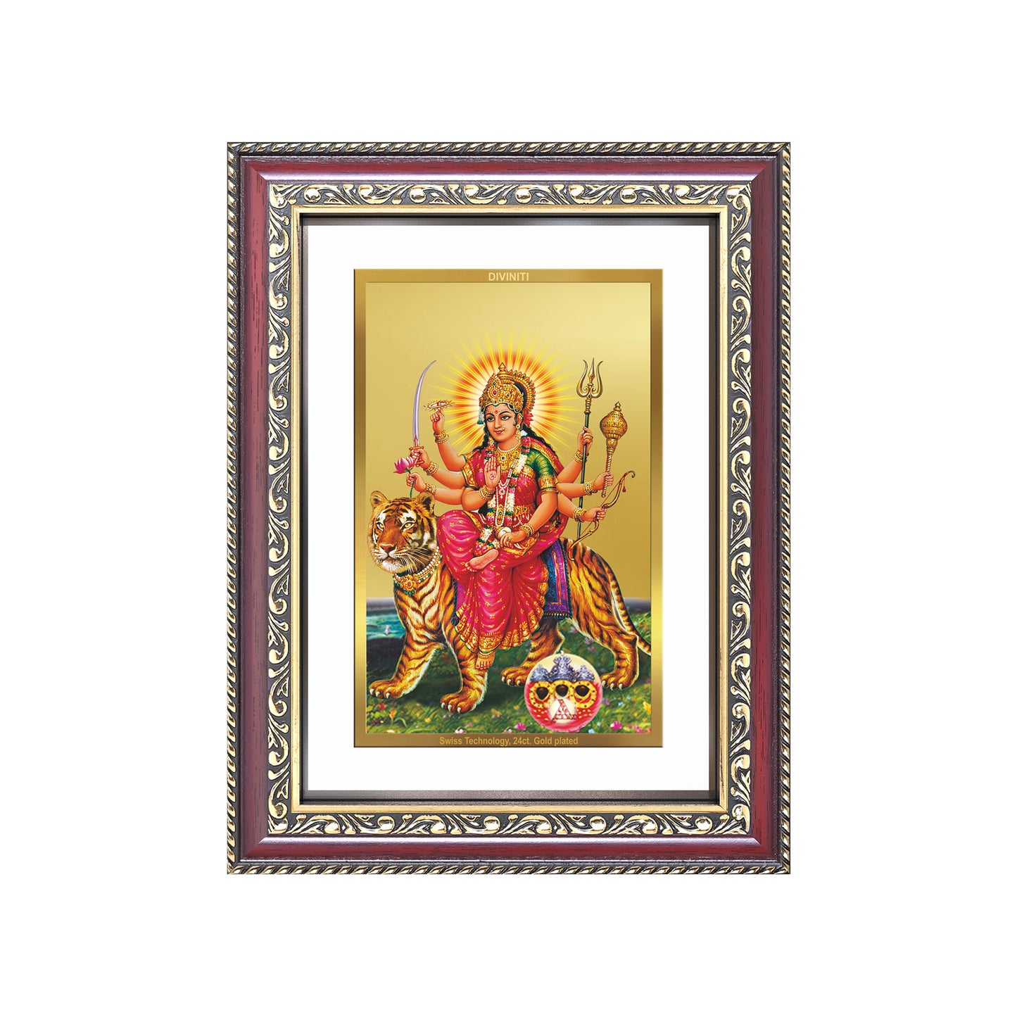 Diviniti 24K Gold Plated Durga - Sherawali Mata With Pind (Classic) Divine Wall Frame for Home Mandir & Office Decor | Luxury Spiritual Gift