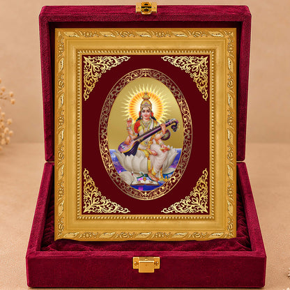 24K Gold-Plated Saraswati Mata Frame | Premium Gift Box | 21.5x17.5 CM