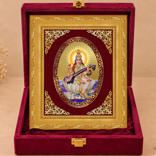 24K Gold-Plated Saraswati Mata Frame | Premium Gift Box | 21.5x17.5 CM