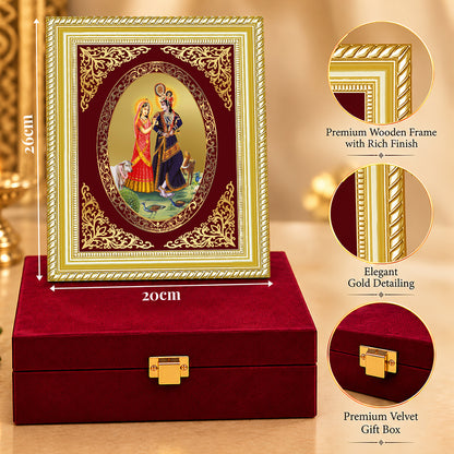 24K Gold-Plated Radha Krishna With Cow Frame | Premium Gift Box | 26x20 CM
