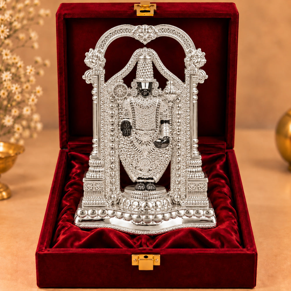 999 Silver-Plated Lord Tirupati Balaji Idol | Premium Gift Box | 20x13 CM