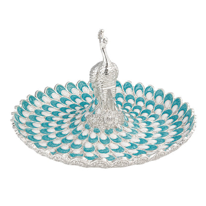 Diviniti Turquoise Blue Peacock German Silver Platter with intricate design and gift box.