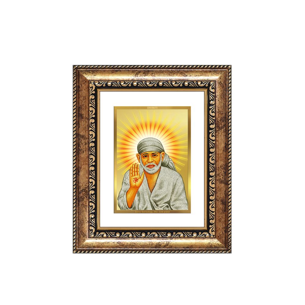 Diviniti 24K Gold Plated Sai Baba With Blessings Divine Table Top Frame for Home Mandir & Office Decor | Luxury Spiritual Gift