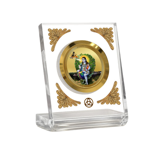 Baba Balak Nath Diviniti Premium Gold on Gold 24K gold plated car dashboard frame in a clear display.