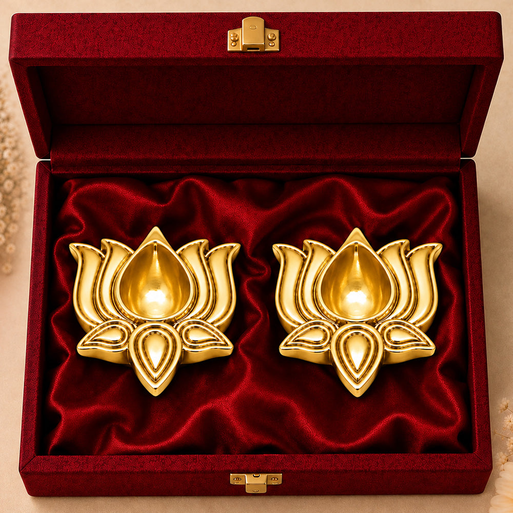 999 Gold-Plated Lotus Diya Pair | Premium Gift Box | 8x8 CM