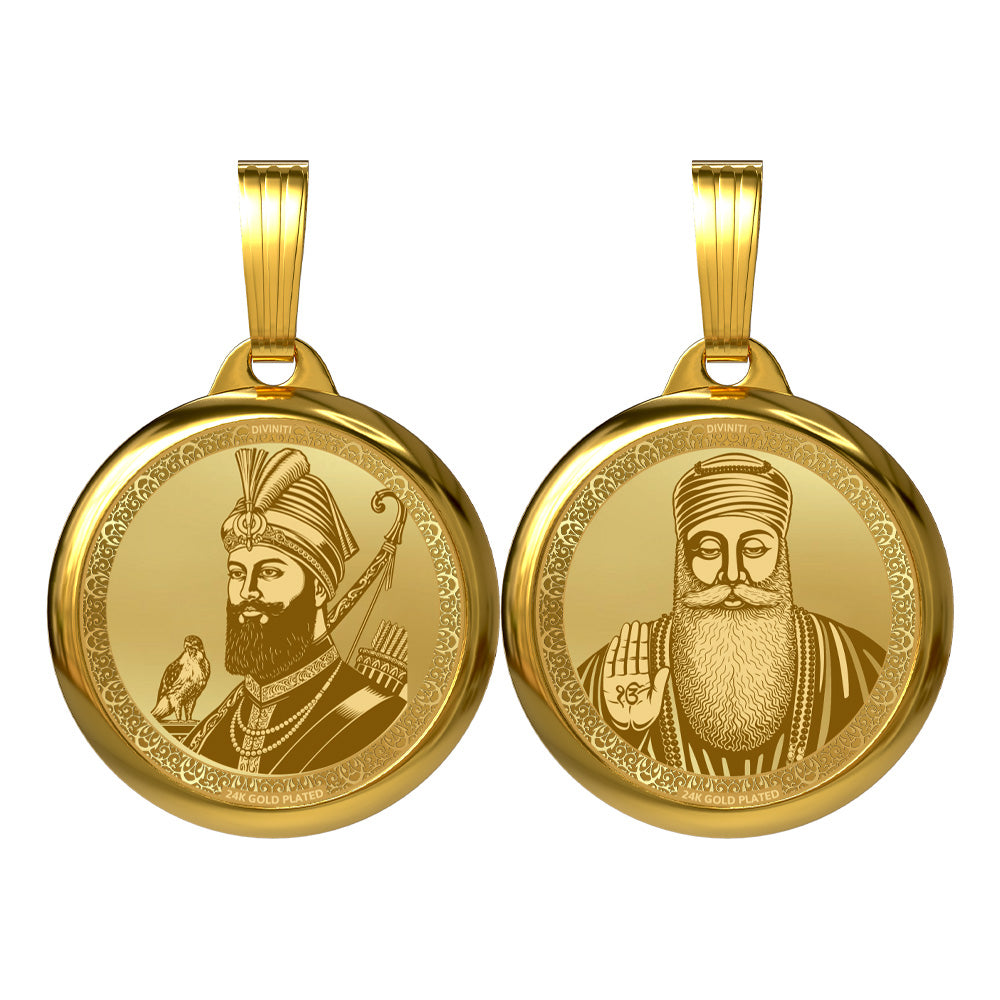 DIVINITI 24K Gold Plated Guru Gobind Singh Ji & Guru Nanak Dev Ji Pendant – 22mm Double-Sided Spiritual Pendant