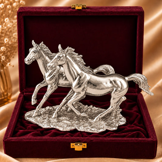 999 Antique Silver-Plated Running Horse Pair | Premium Gift Box | 23x13 CM