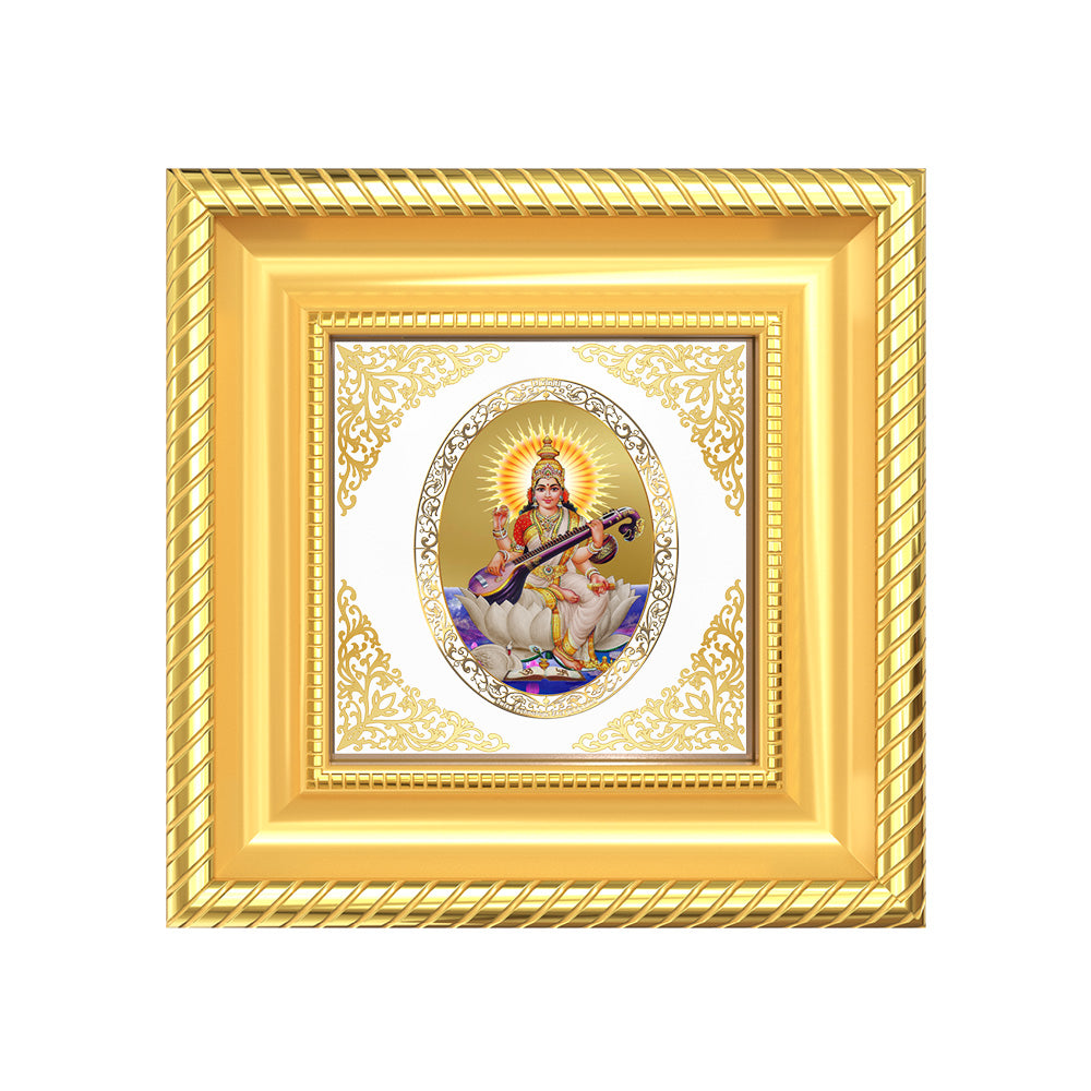 Saraswati Mata | Divine Goddess of Knowledge Royal Tabletop Photo Frame in 24K Gold Plated Foil