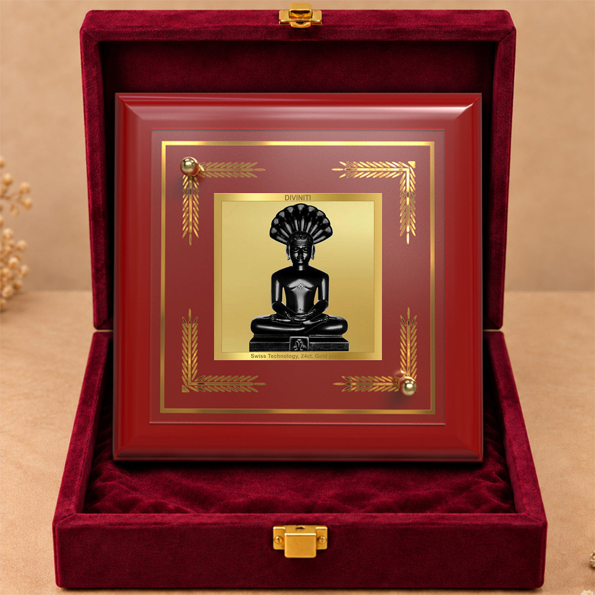 24K Gold-Plated Lord Parshwanath Ji MDF Frame | Premium Gift Box | 10x10 CM