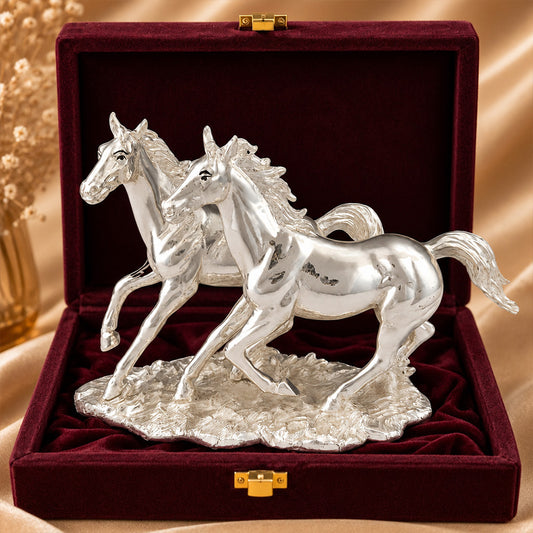 999 Silver-Plated Running Horse Pair | Premium Gift Box | 23x13 CM