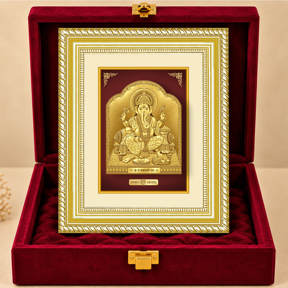 24K Gold-Plated Lord Ganesha Frame | Premium Gift Box | 22x18 CM