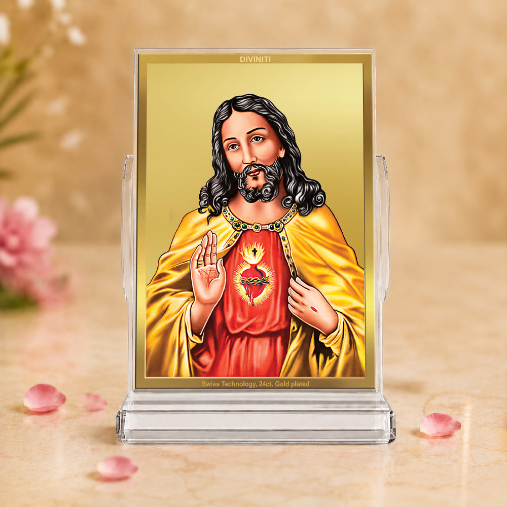 24K Gold-Plated Jesus Christ Acrylic Car Dashboard Frame | 11x7 CM