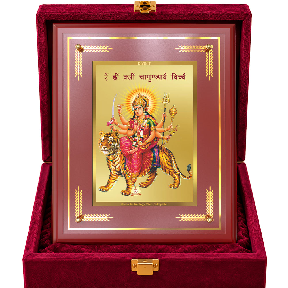 24K Gold-Plated Goddess Durga Ji MDF Frame | Premium Gift Box | 27x35 CM