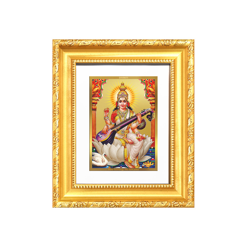 Diviniti 24K Gold Plated Saraswati Mata |Divine Table Top Frame for Home Mandir & Office Decor | Luxury Spiritual Gift