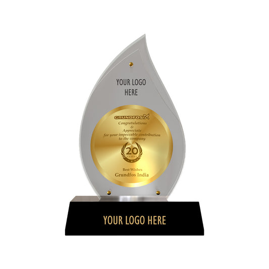 Diviniti Flame-Shaped Trophy with Matter Printed on 24K Gold Plated Foil | Personalized Corporate Recognition Award
