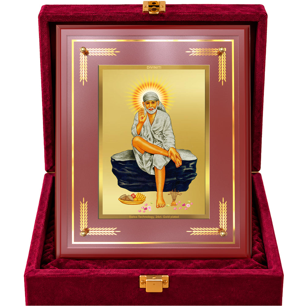 24K Gold-Plated Sai Baba MDF Frame | Premium Gift Box | 27x35 CM