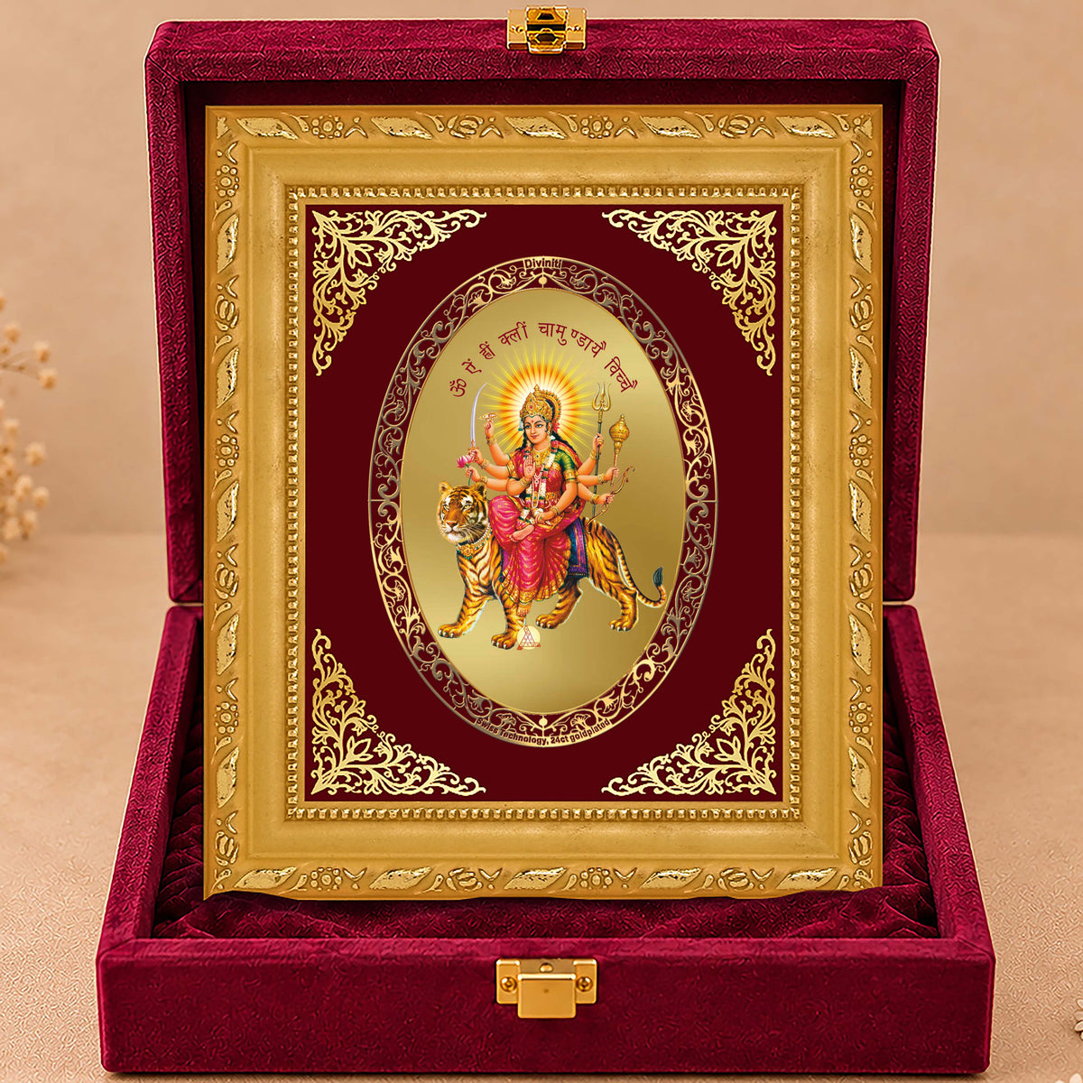 24K Gold-Plated Durga Mata Mantra Frame | Premium Gift Box | 21.5x17.5 CM