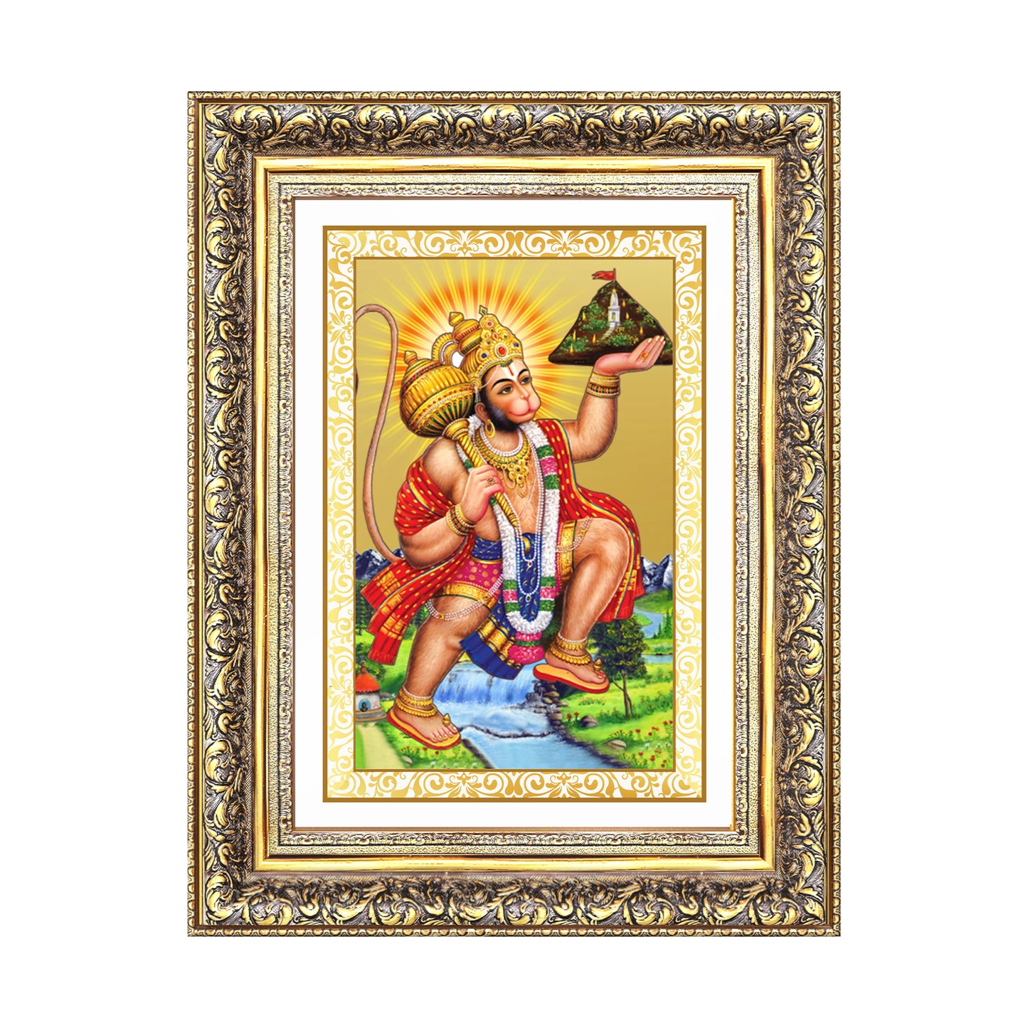 Diviniti 24K Gold Plated Hanuman With Mountain (Classic) Divine Wall Frame for Home Mandir & Office Decor | Luxury Spiritual Gift