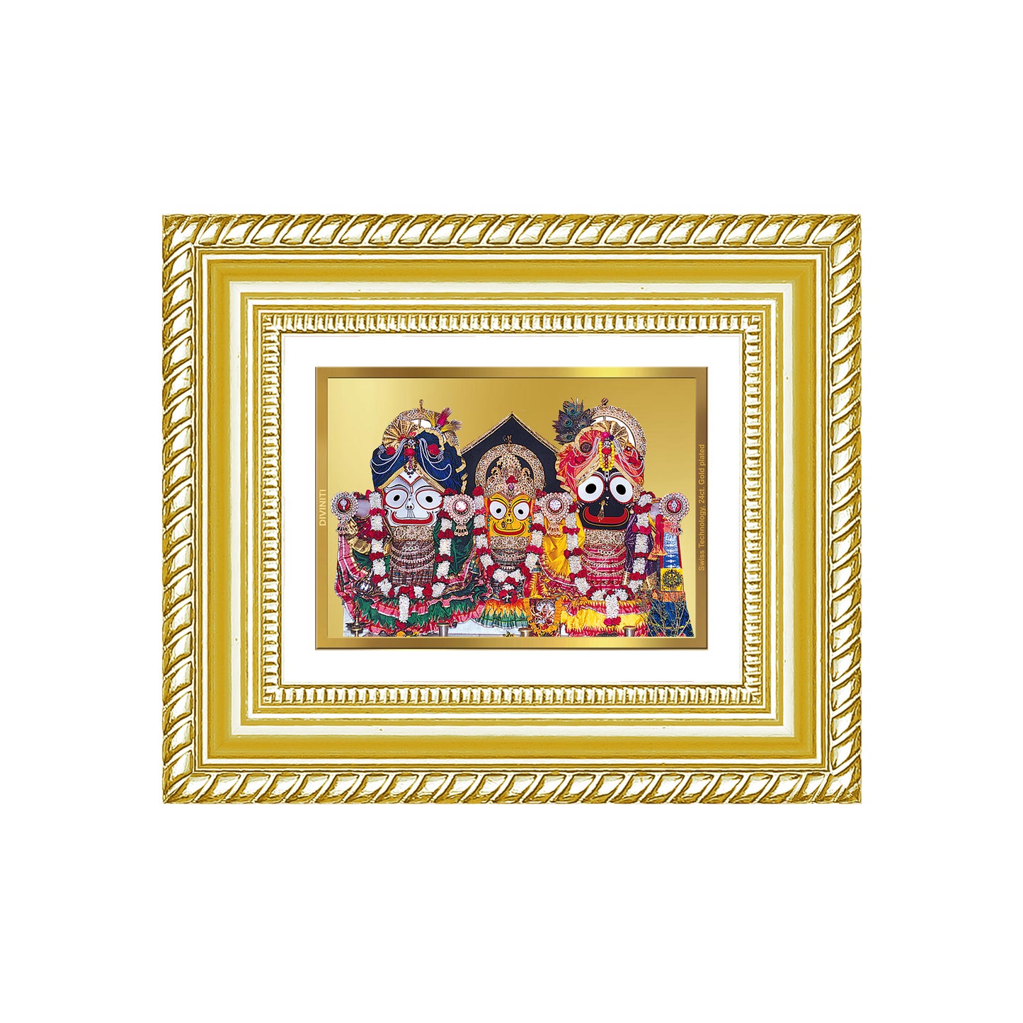 Diviniti 24K Gold Plated Jagannath Subhadra Balabhadra Divine Table Top Frame for Home Mandir & Office Decor | Luxury Spiritual Gift