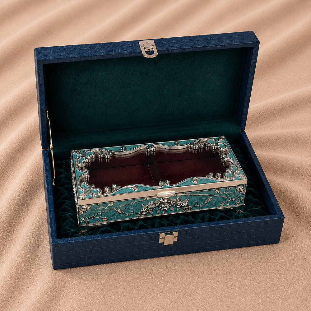 Diviniti German Silver Decorative 2-in-1 Box | Premium Turquoise Wedding & Festive Gift Box