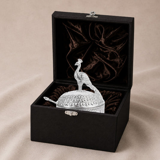 Diviniti German Silver Peacock Sugar Bowl with Spoon elegantly displayed in a luxury gift box.