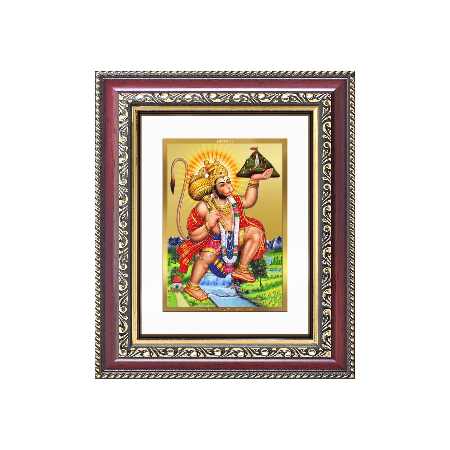 Diviniti 24K Gold Plated Hanuman With Mountain (Classic) Divine Table Top Frame for Home Mandir & Office Decor | Luxury Spiritual Gift