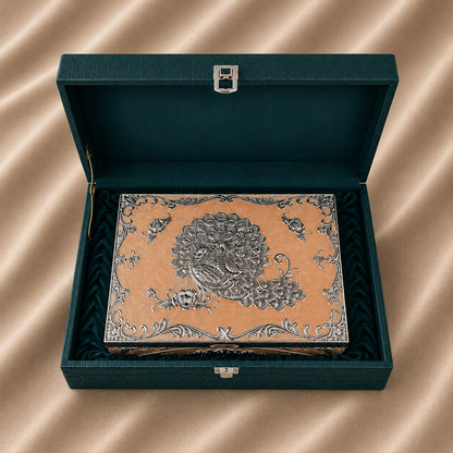 Diviniti German Silver Peacock Decorative Box 4-in-1 with Luxury Gift Box – Peach Finish