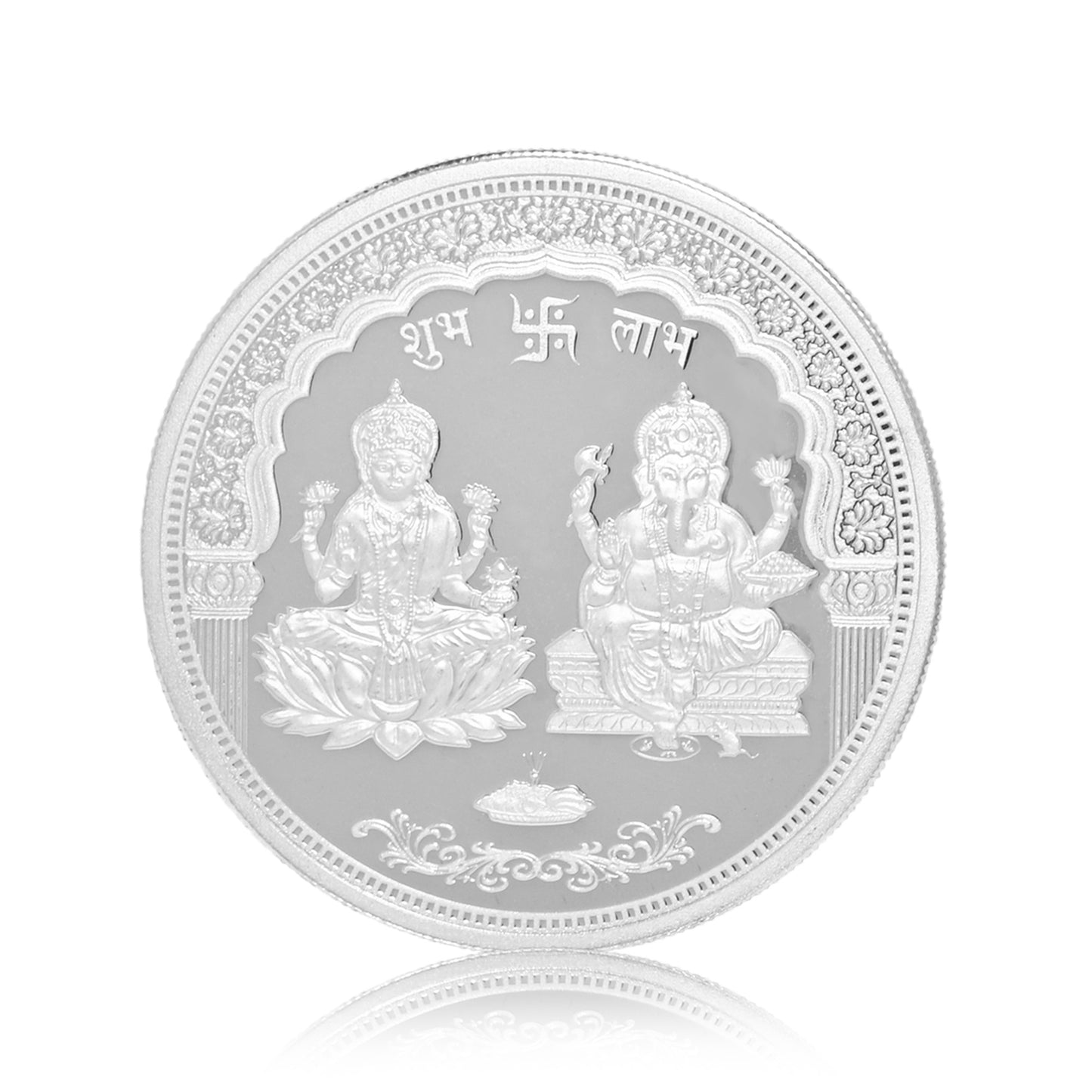 DIVINITI Pure Silver Coin Laxmi Ganesh & Swastik Symbol of Prosperity and Blessings for Home & Office Décor, Puja Room Diwali Gift (50g)