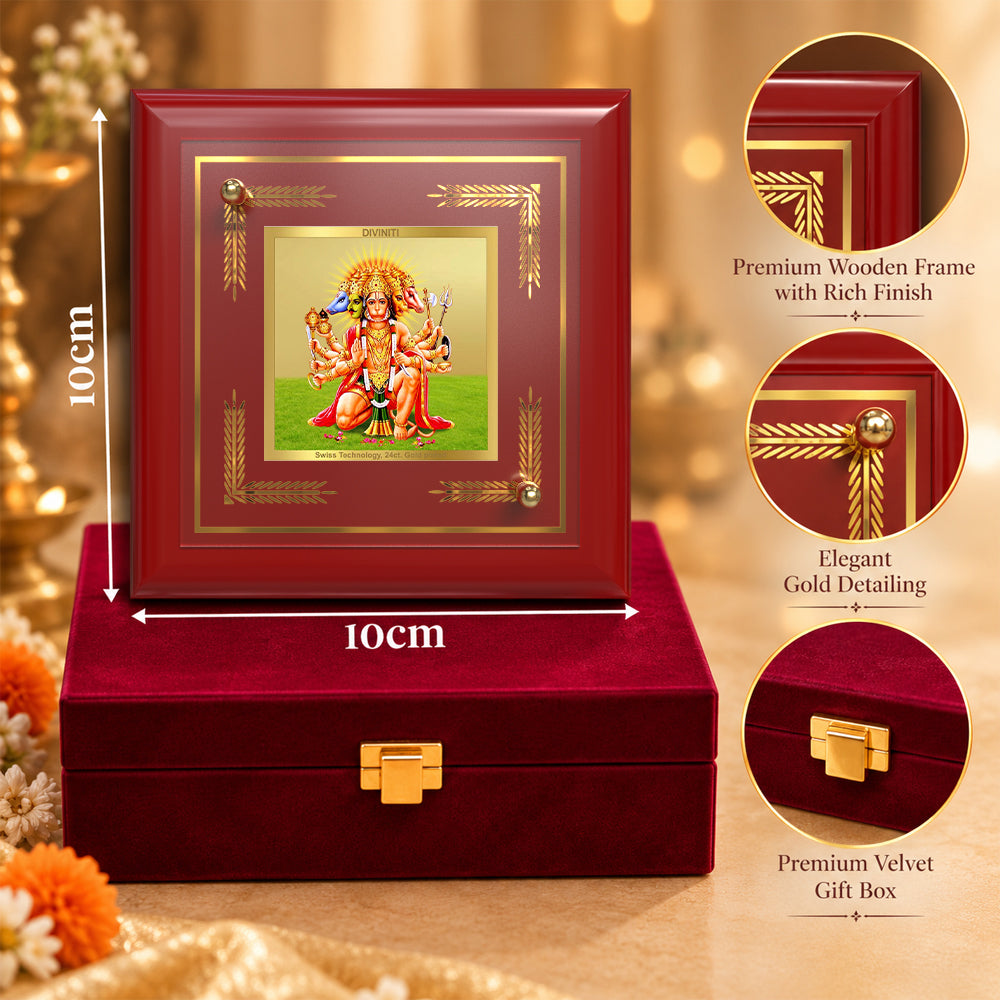 24K Gold-Plated Panchmukhi Hanuman MDF Frame | Premium Gift Box | 10x10 CM