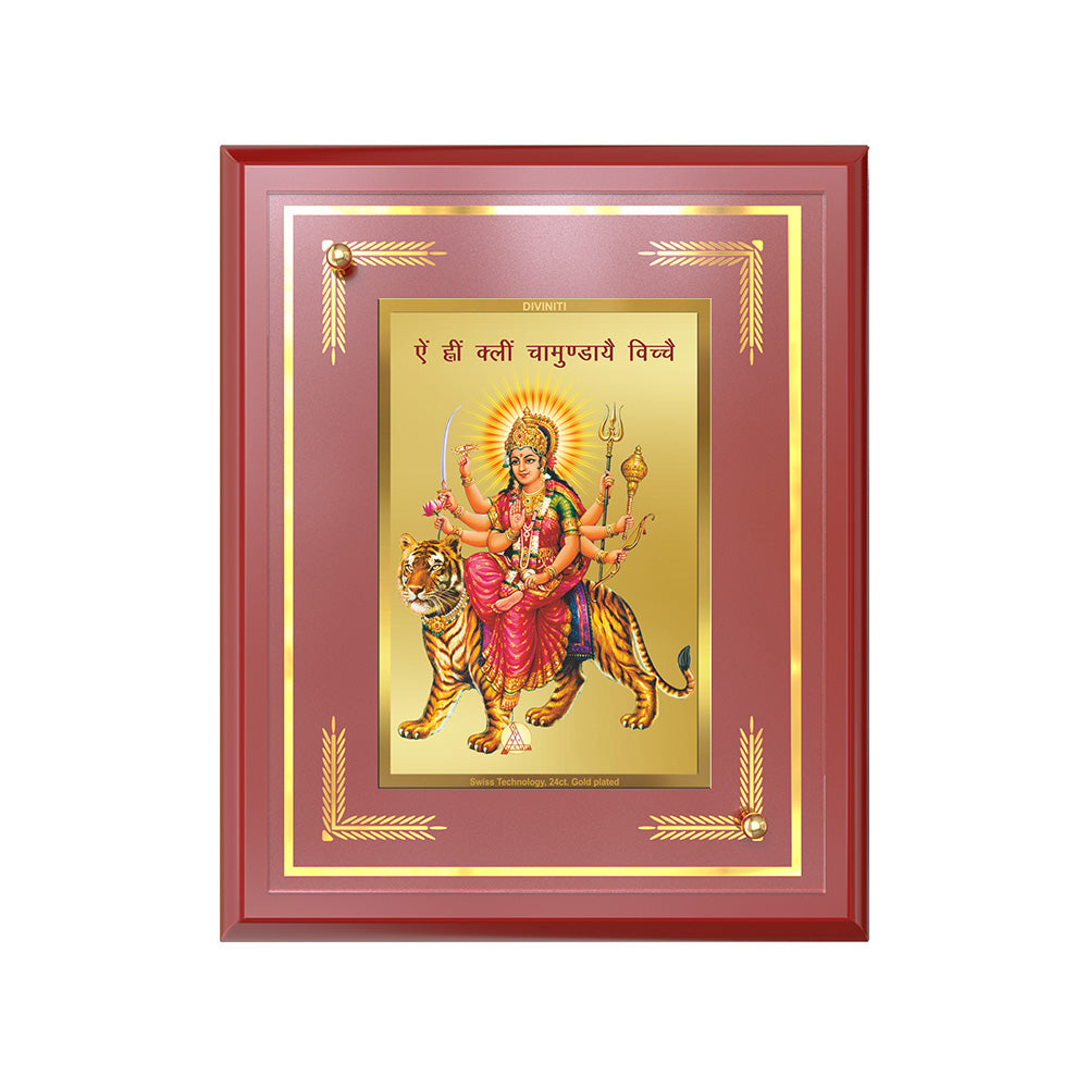 Diviniti 24K Gold Plated Durga Mata with Mantra Blessing Tabletop Photo Frame | Strength, Protection & Divine Grace