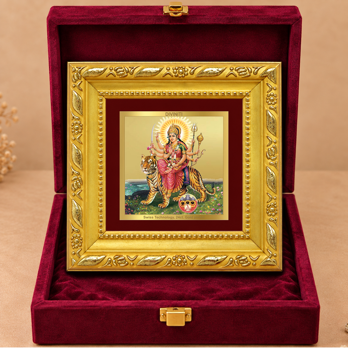 24K Gold-Plated Durga Sherawali Mata with Pind Frame | Premium Gift Box | 10x10 CM