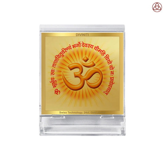 Om with Gayatri Mata | Sacred Spiritual Car Dashboard & Tabletop Photo Frame in 24K Gold Plated Foil
