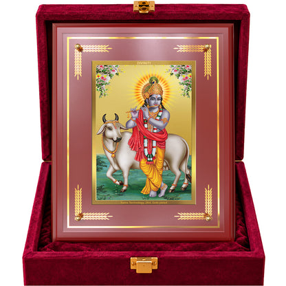 24K Gold-Plated Lord Krishna with Surbhi Cow MDF Frame | Premium Gift Box | 27x35 CM