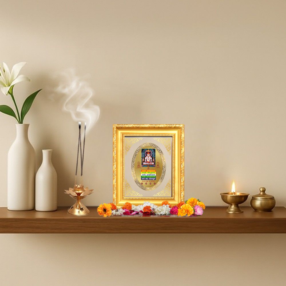 Lord Adinath (Rishabhdev) with Namokar Mantra Divine Jain Sacred Royal Tabletop Frame in 24K Gold Plated Foil