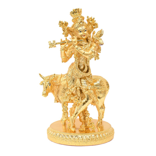 DIVINITI 24K Gold Plated Lord Krishna Statue | Exquisite Divine Idol For Home Decor, Office Table Top, Pooja Room & Luxury Gift (26x15 CM)