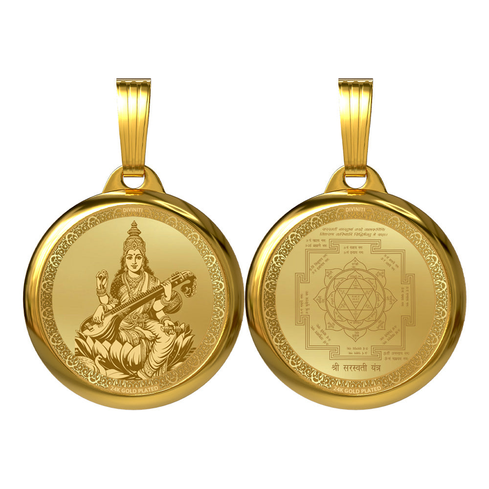 DIVINITI 24K Gold Plated Maa Saraswati & Sacred Yantra Pendant – 22mm Double-Sided Spiritual Pendant