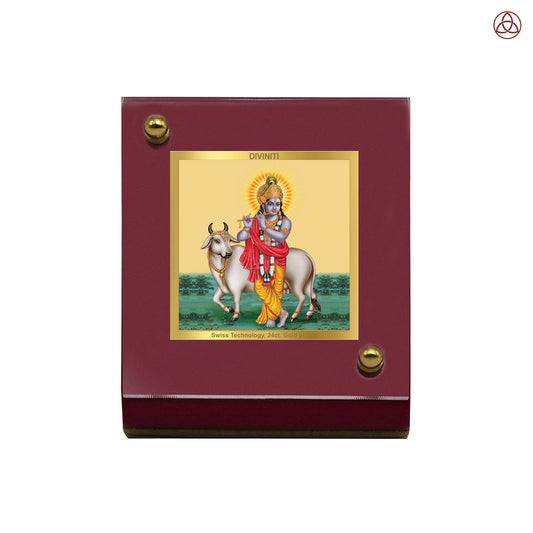 Krishna with Surbhi Cow | Divine Lord Krishna Car Dashboard & Tabletop Photo Frame in 24K Gold Plated Foil