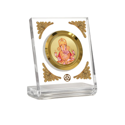 Dagadu Ganesha Diviniti Premium Gold on Gold 24K gold plated car dashboard frame in a clear display.