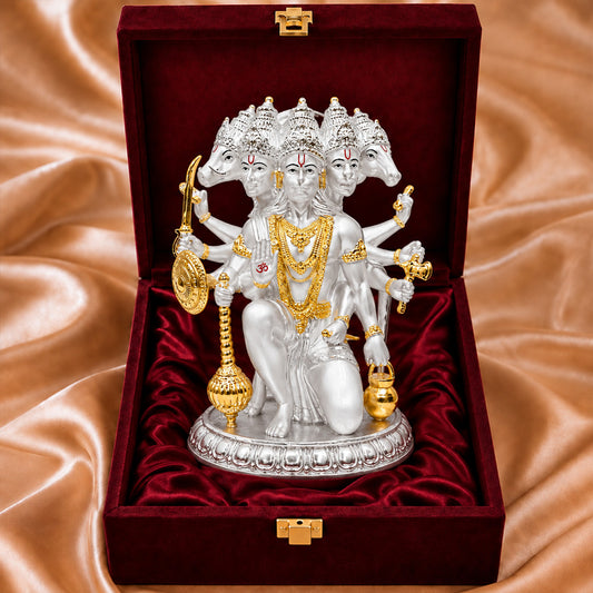 999 Silver-Plated Dual-Tone Panchmukhi Hanuman Idol | Premium Gift Box | 17.5x12 CM