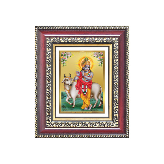 Diviniti 24K Gold Plated Krishna With Surbhi Cow (Classic) Divine Table Top Frame for Home Mandir & Office Decor | Luxury Spiritual Gift
