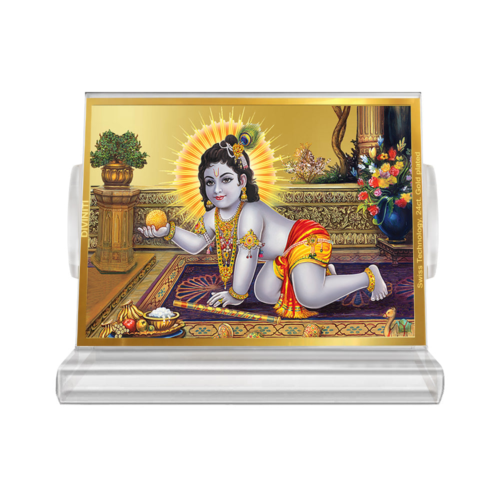 Laddu Gopal | Divine Lord Krishna Car Dashboard & Tabletop Photo Frame in 24K Gold Plated Foil (ACF3)