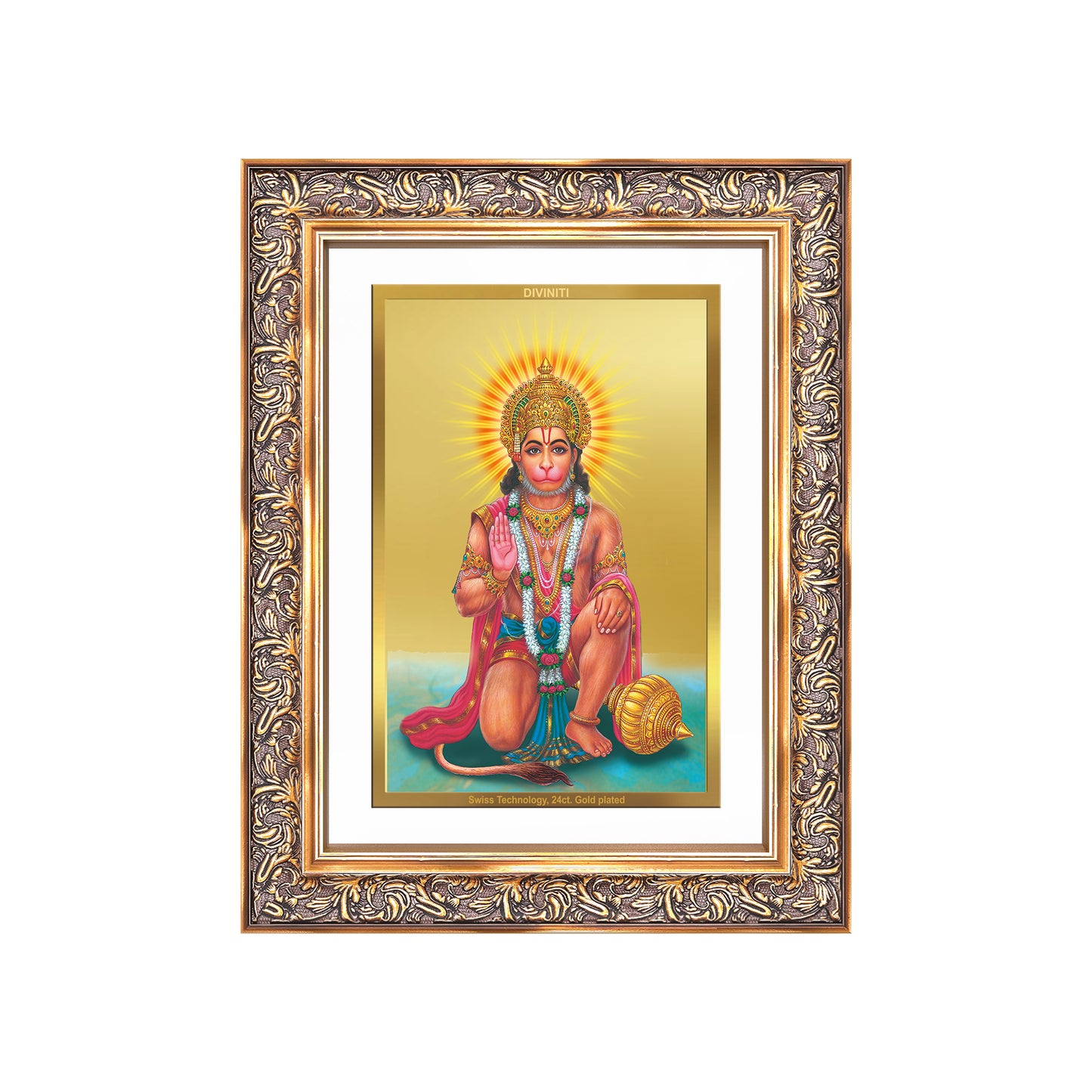 Diviniti 24K Gold Plated Ashirwad Hanuman (Classic) Divine Wall Frame for Home Mandir & Office Decor | Luxury Spiritual Gift