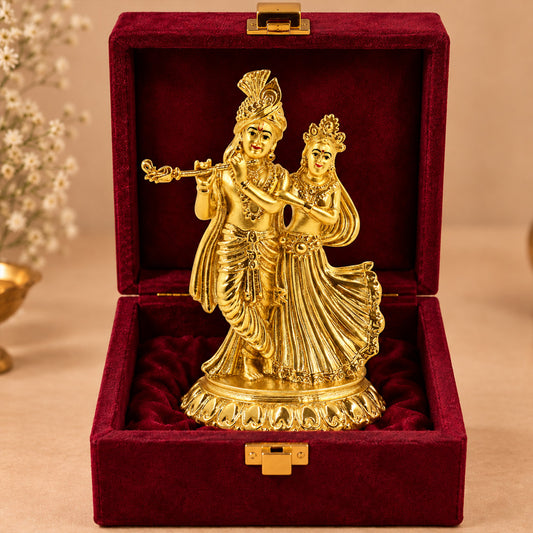 24K Gold-Plated Radha Krishna Idol | Premium Gift Box | 11.5x8 CM