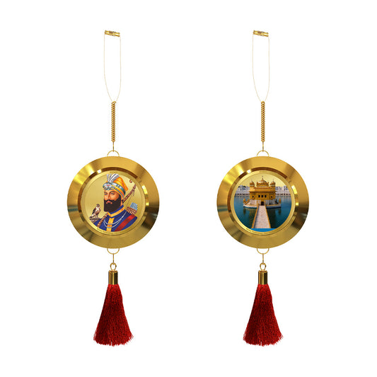 Diviniti 24K Gold Plated Double-Sided Guru Gobind Singh Ji & Golden Temple Car Dangler (5.5 cm) | Divine Hanging Car Decor for Protection, Positive Energy & Spiritual Blessings