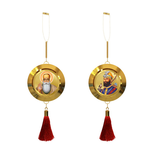 Diviniti 24K Gold Plated Double-Sided Guru Gobind Singh Ji & Guru Nanak Dev Ji Car Dangler (5.5 cm) | Divine Hanging Car Decor for Protection, Positive Energy & Spiritual Blessings