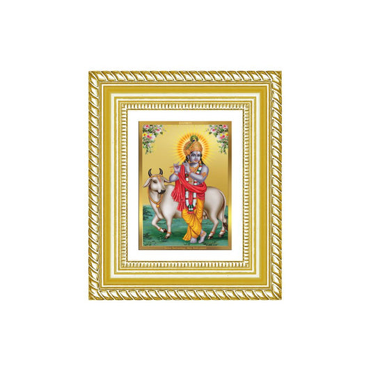 Diviniti 24K Gold Plated Krishna With Surbhi Cow Divine Table Top Frame for Home Mandir & Office Decor | Luxury Spiritual Gift