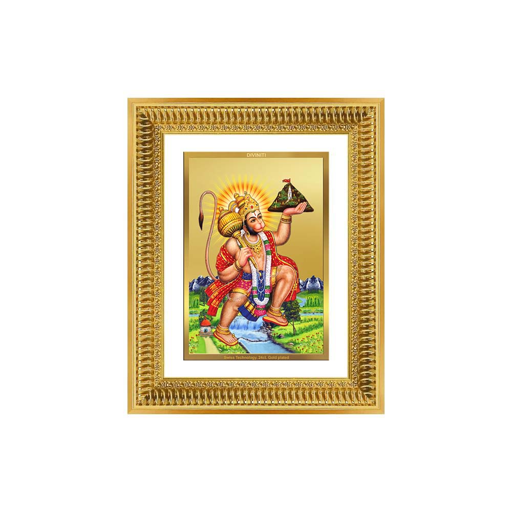 Diviniti 24K Gold Plated Hanuman With Mountain (Classic) Divine Wall Frame for Home Mandir & Office Decor | Luxury Spiritual Gift